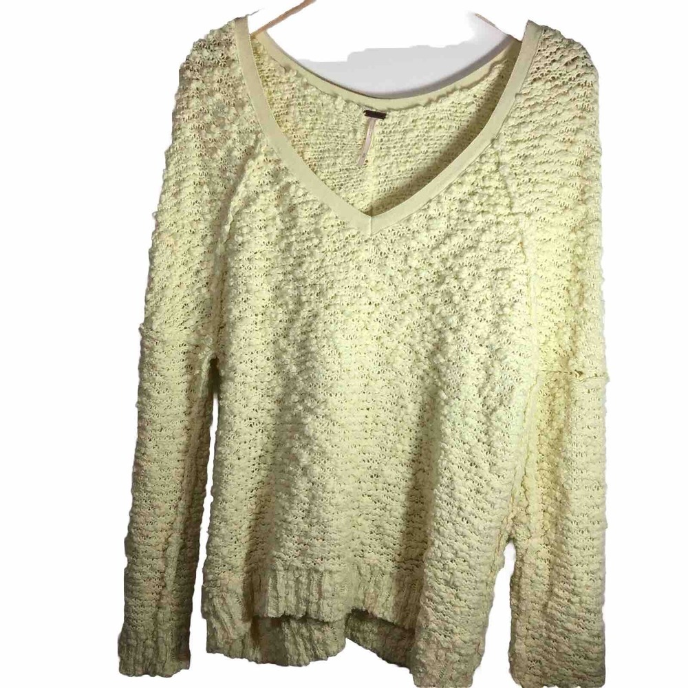 Free People Women Medium Oversized Sweater Yellow VNeck Nubby Cozy Boho Spring